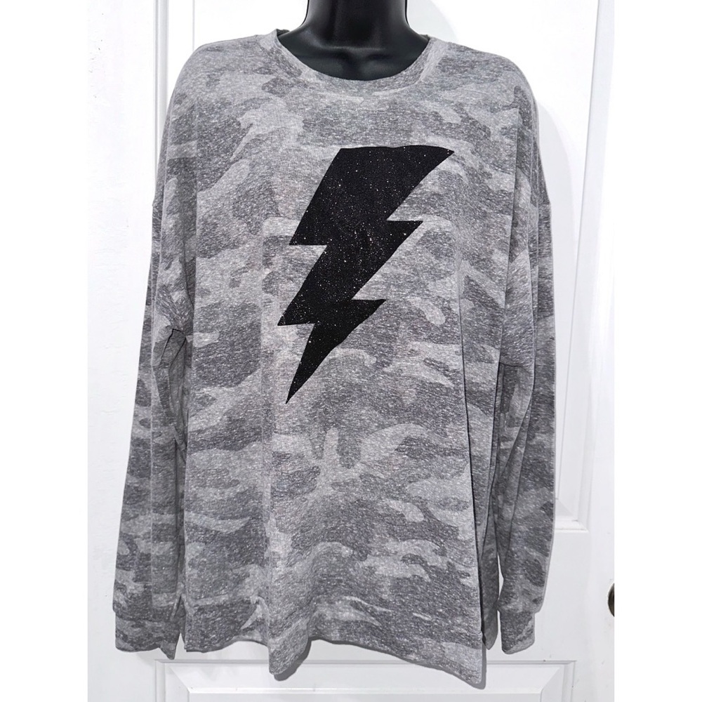 Phil Love brand grey camo long sleeve top with glitter lightning bolt